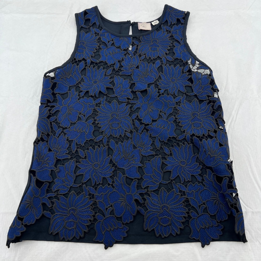 Guinevere Anthropologie Blue Black Floral Lace Sleeveless Top XS 9-H15 STCL